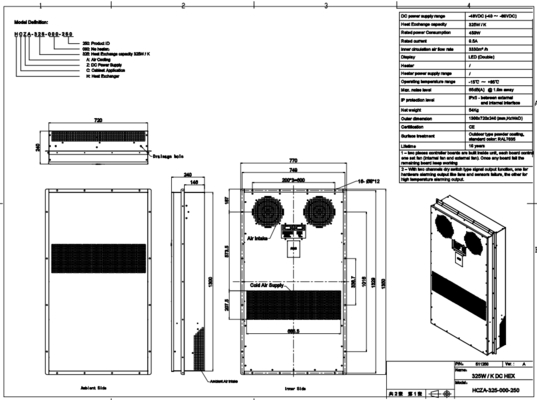 مبادل حرارة حاوية 48 فولت تيار مستمر 325 واط/ك مع RS485 MODBUS RTU